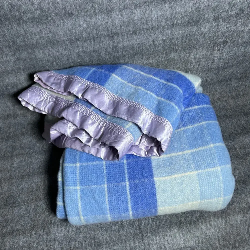 Vintage blue plaid 100% wool blanket satin purple trim, cottage core, classic